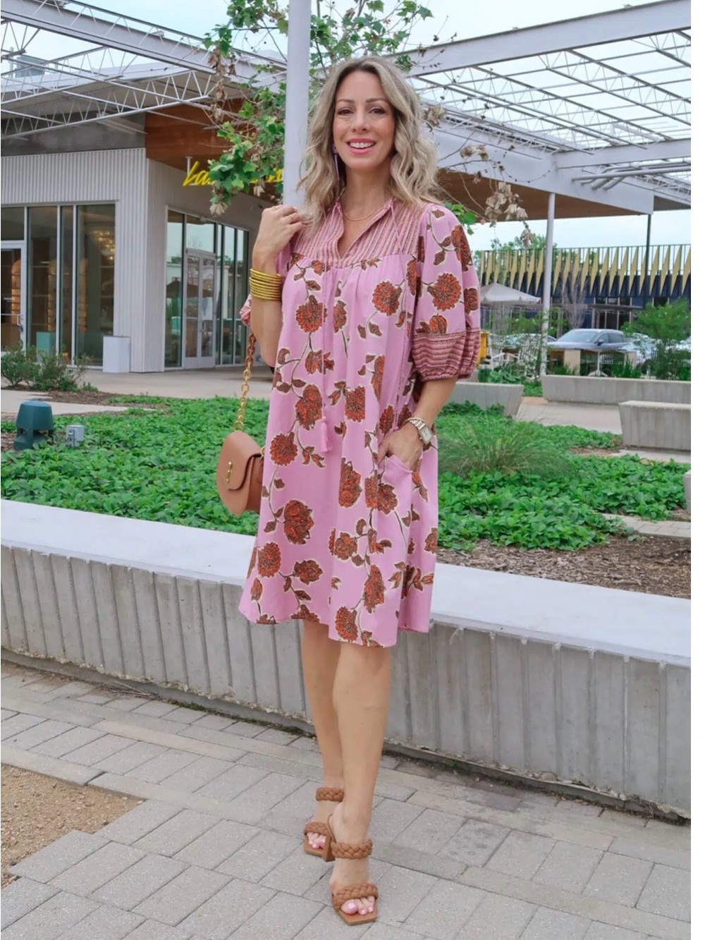 Knox Rose Boho Pink Floral Peasant Puff Sleeve Feminine Dress SZ Medium